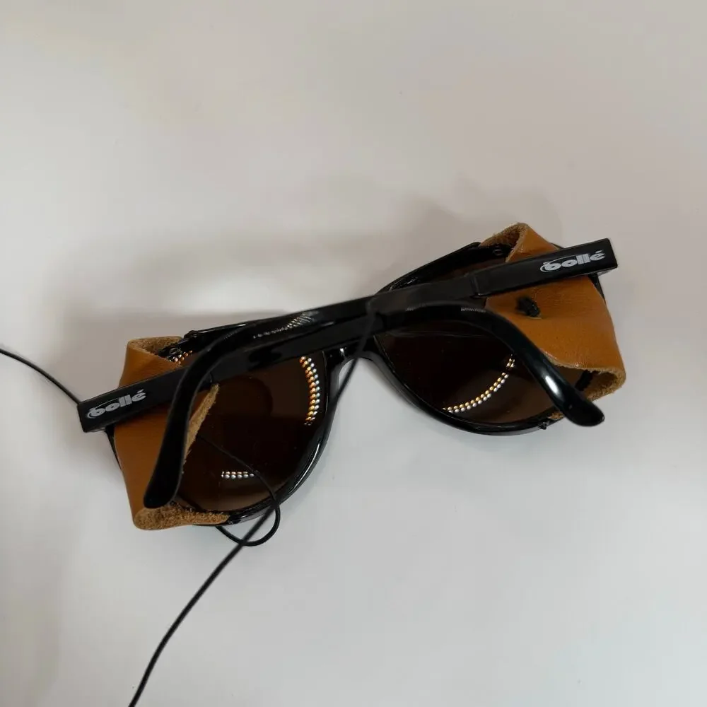 Vintage‎ Bolle Crevasse Black Sunglasses Leather Shields 09100014 Made in France